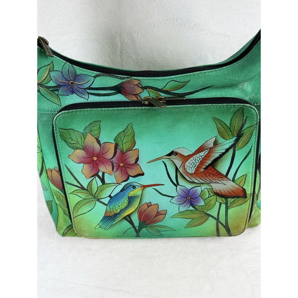 Anuschka‎ Hand Painted Green Leather Handbag Purse Birds Floral Organizer Art